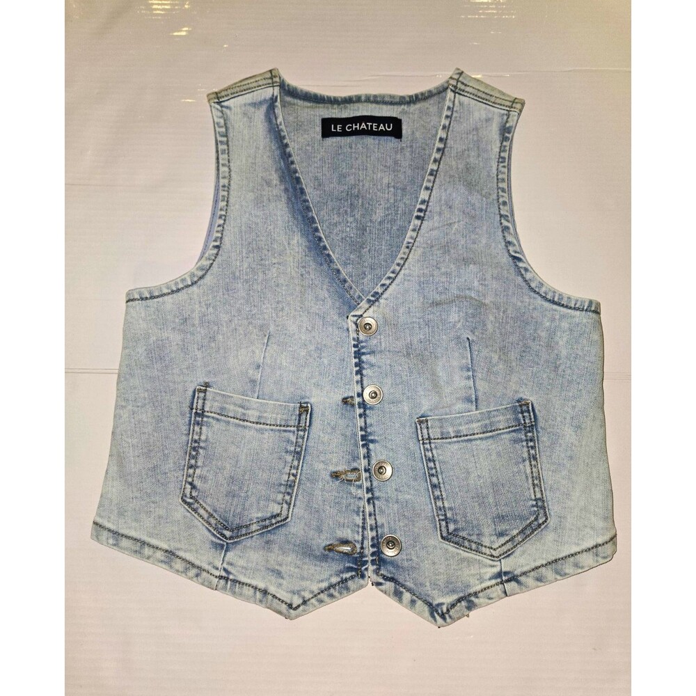 Le Château Women’s Medium Light Wash Denim Vest Button Front Stretch Jean Vest